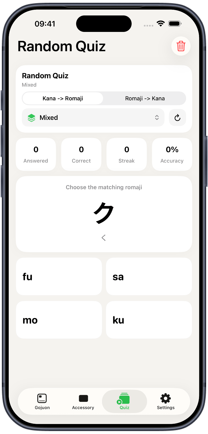 Gojuon random kana quiz with multiple-choice romaji answers